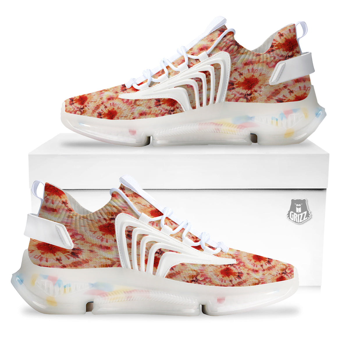 Tie Dye Orange And Red Color Print White Gym Shoes-grizzshop