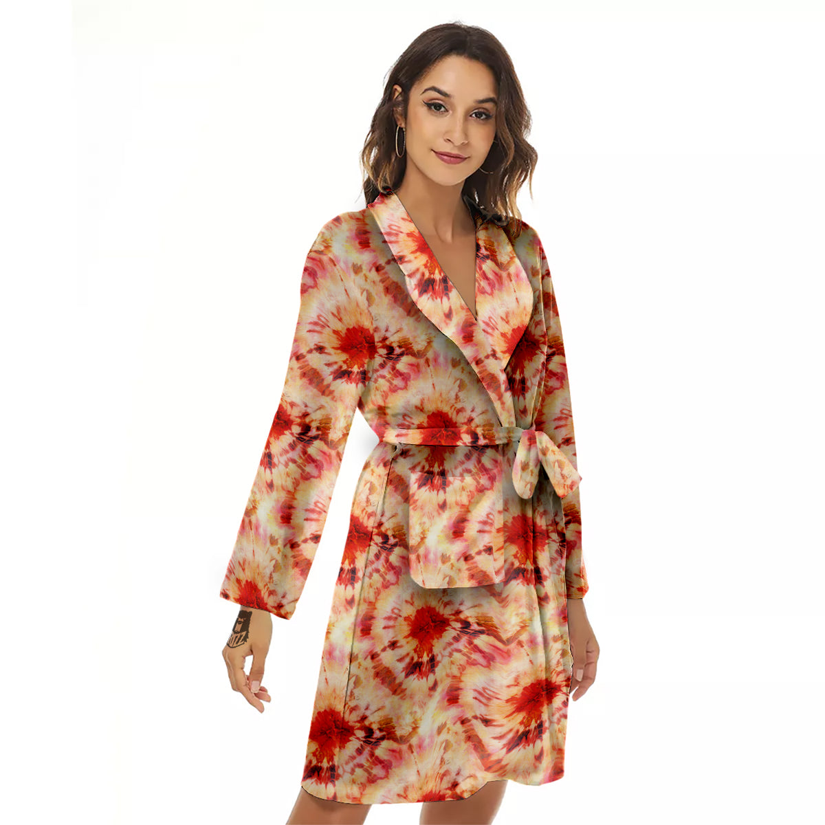 Tie Dye Orange And Red Color Print Women's Robe-grizzshop