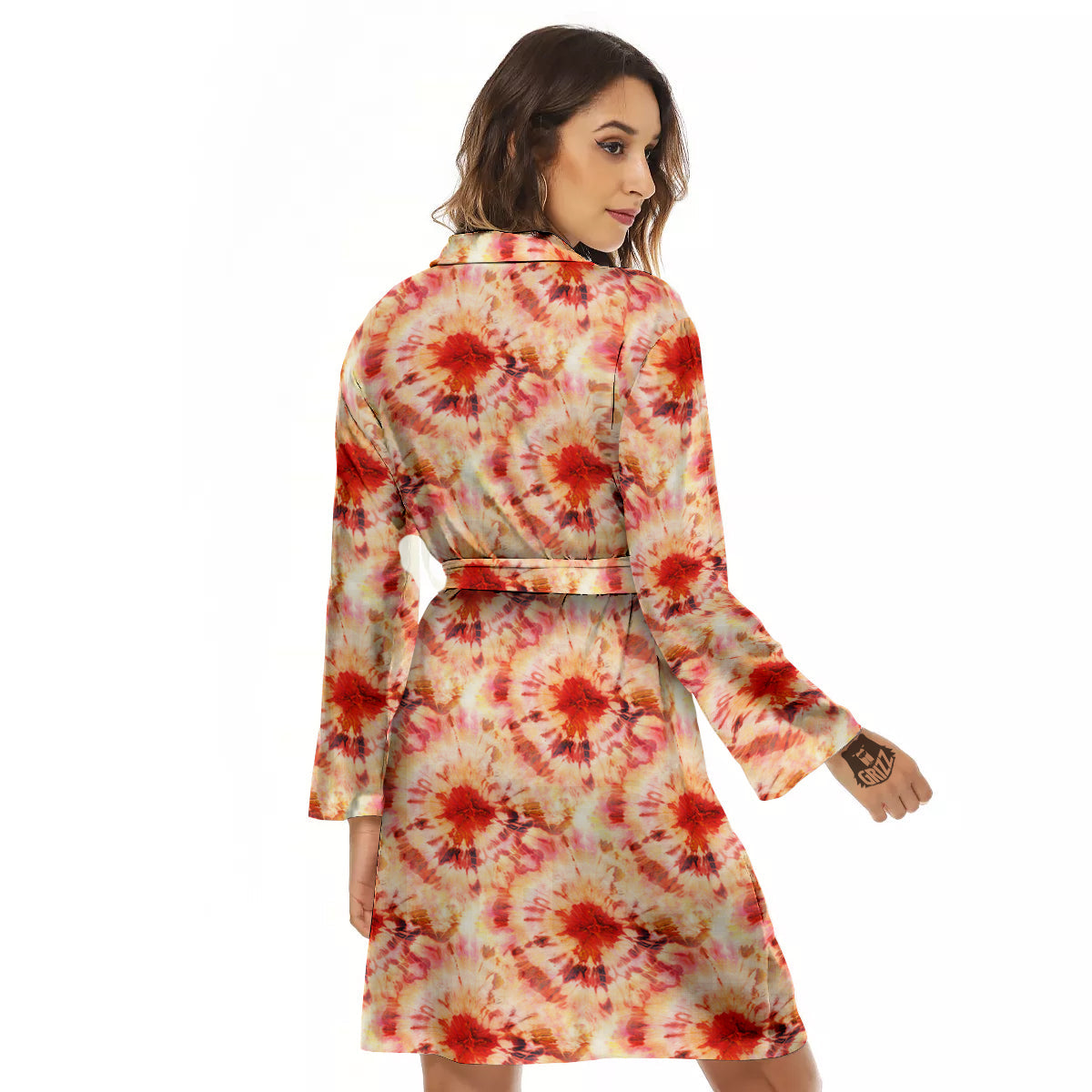 Tie Dye Orange And Red Color Print Women's Robe-grizzshop