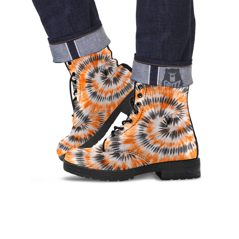 Tie Dye Orange Black Watercolor Print Leather Boots-grizzshop