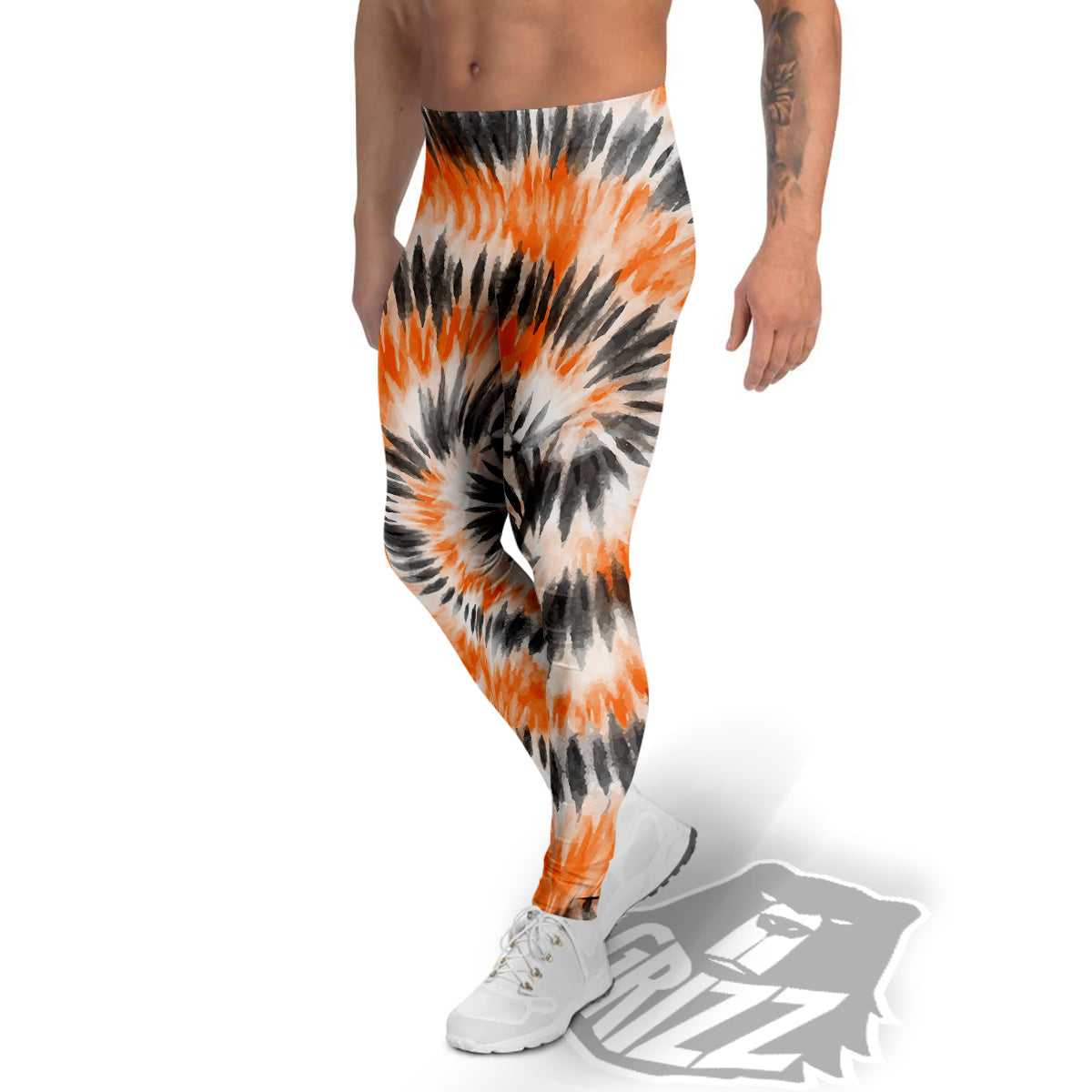 Tie Dye Orange Black Watercolor Print Men's Leggings-grizzshop