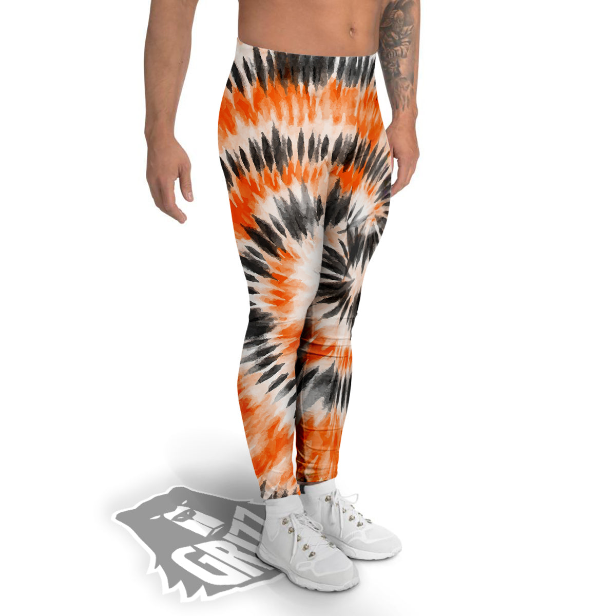 Tie Dye Orange Black Watercolor Print Men's Leggings-grizzshop