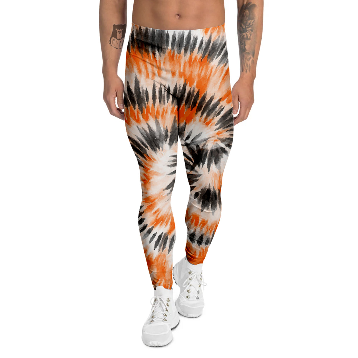Tie Dye Orange Black Watercolor Print Men's Leggings-grizzshop