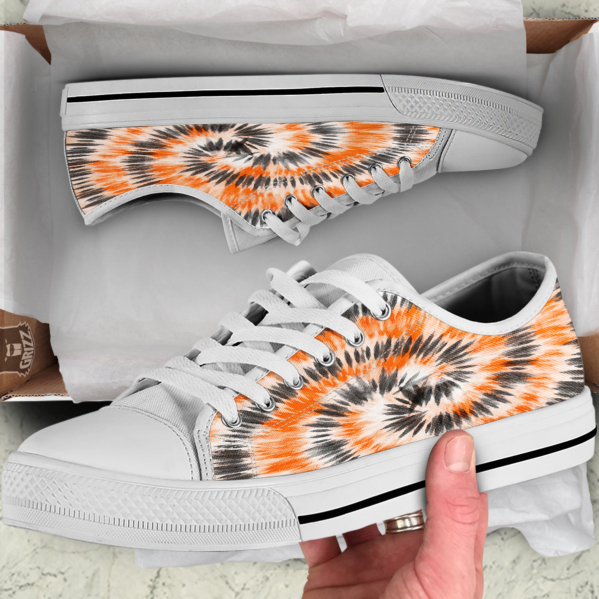 Tie Dye Orange Black Watercolor Print White Low Top Shoes-grizzshop