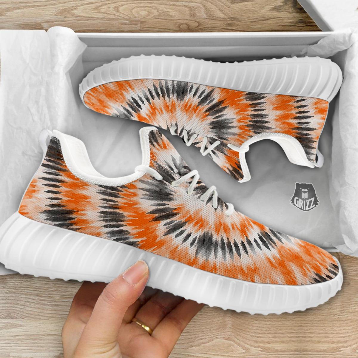Tie Dye Orange Black Watercolor Print White Walking Shoes-grizzshop