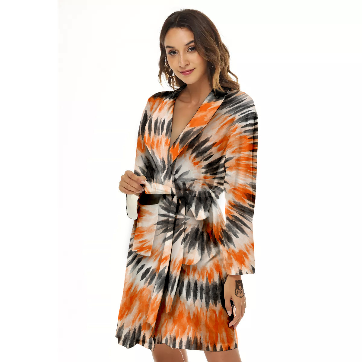 Tie Dye Orange Black Watercolor Print Women's Robe-grizzshop