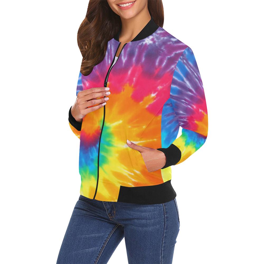 Tie Dye Pattern Print Women Casual Bomber Jacket-grizzshop