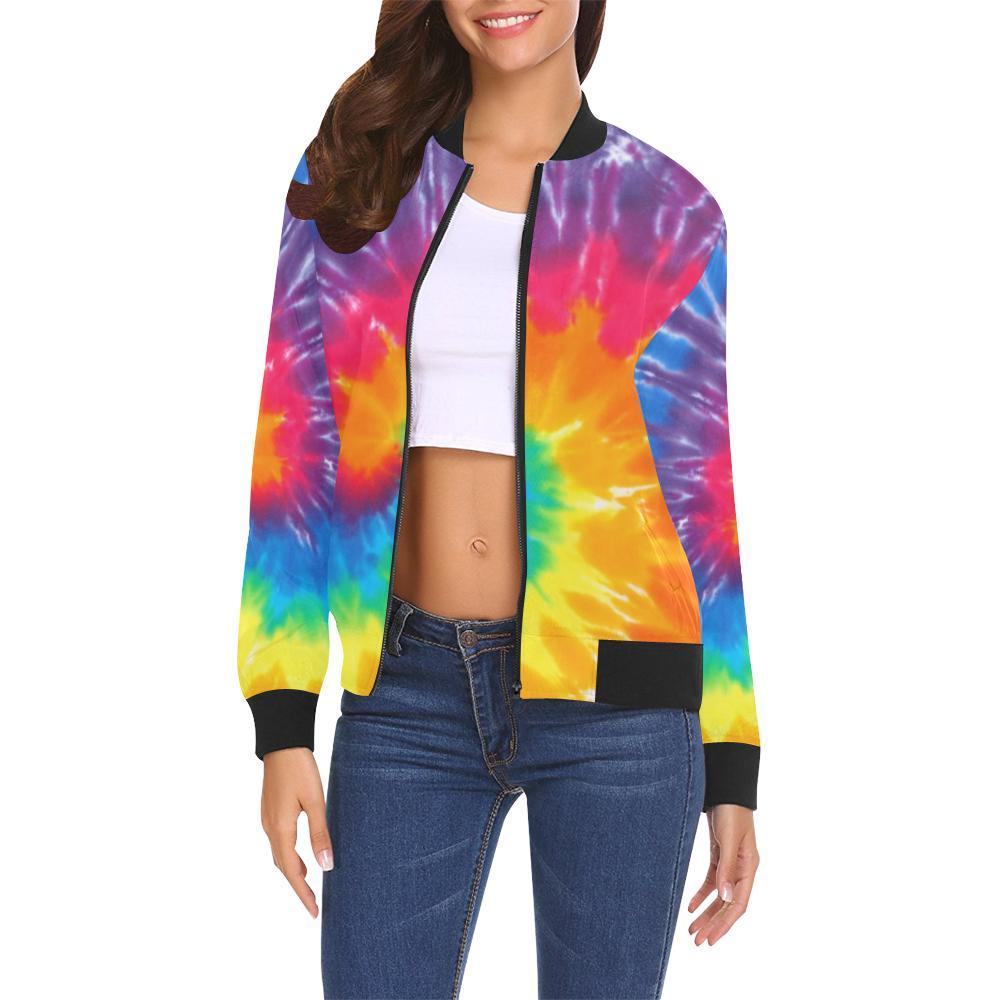 Tie Dye Pattern Print Women Casual Bomber Jacket-grizzshop