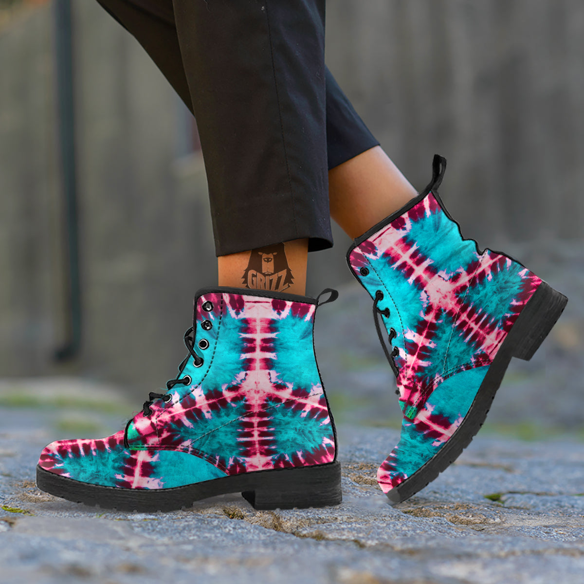 Tie Dye Peace Sign Print Leather Boots-grizzshop