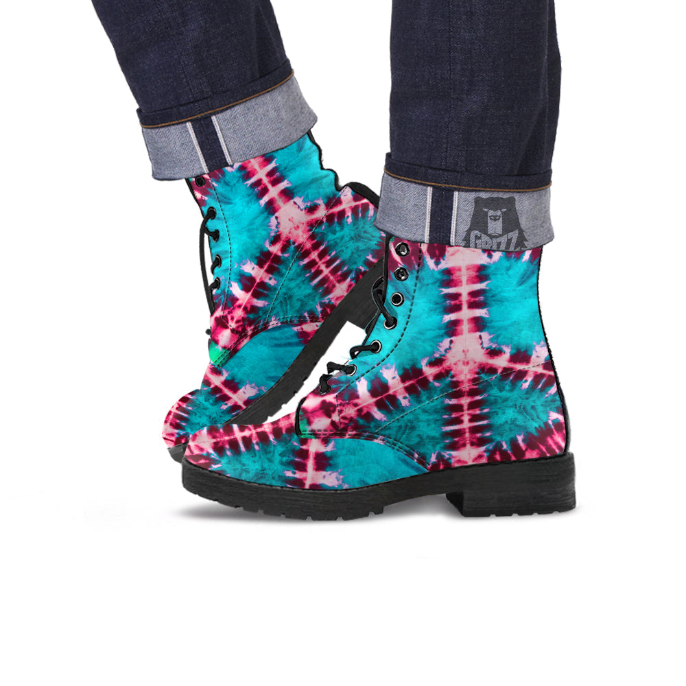 Tie Dye Peace Sign Print Leather Boots-grizzshop