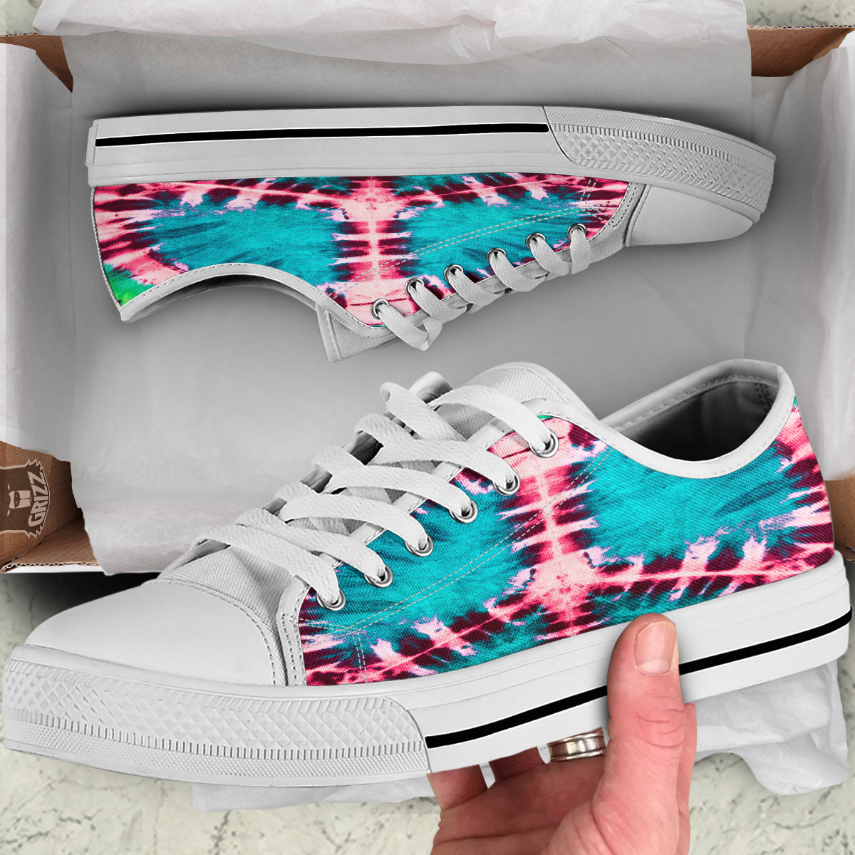 Tie Dye Peace Sign Print White Low Top Shoes-grizzshop