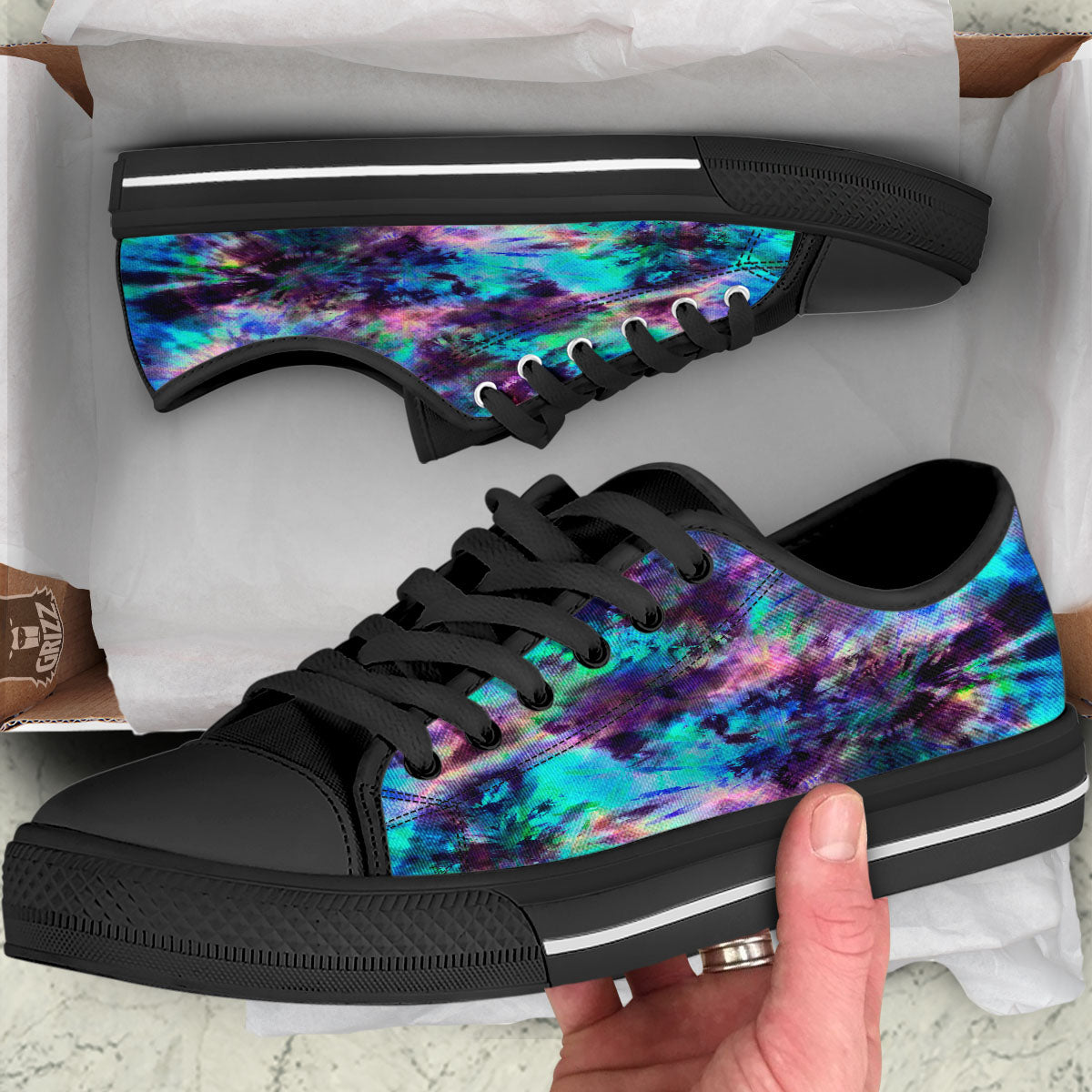 Tie Dye Rainbow And Black Print Black Low Top Shoes-grizzshop
