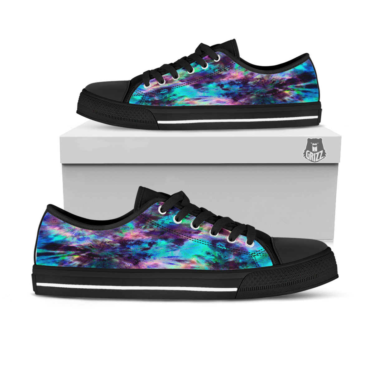 Tie Dye Rainbow And Black Print Black Low Top Shoes-grizzshop