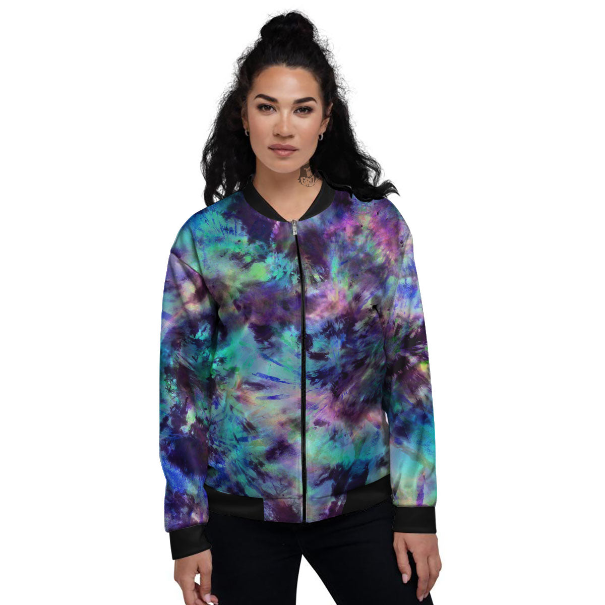 Tie Dye Rainbow And Black Print Women's Bomber Jacket-grizzshop