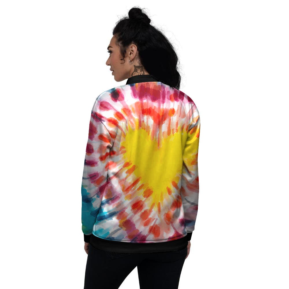 Tie Dye Rainbow Heart Print Women's Bomber Jacket-grizzshop