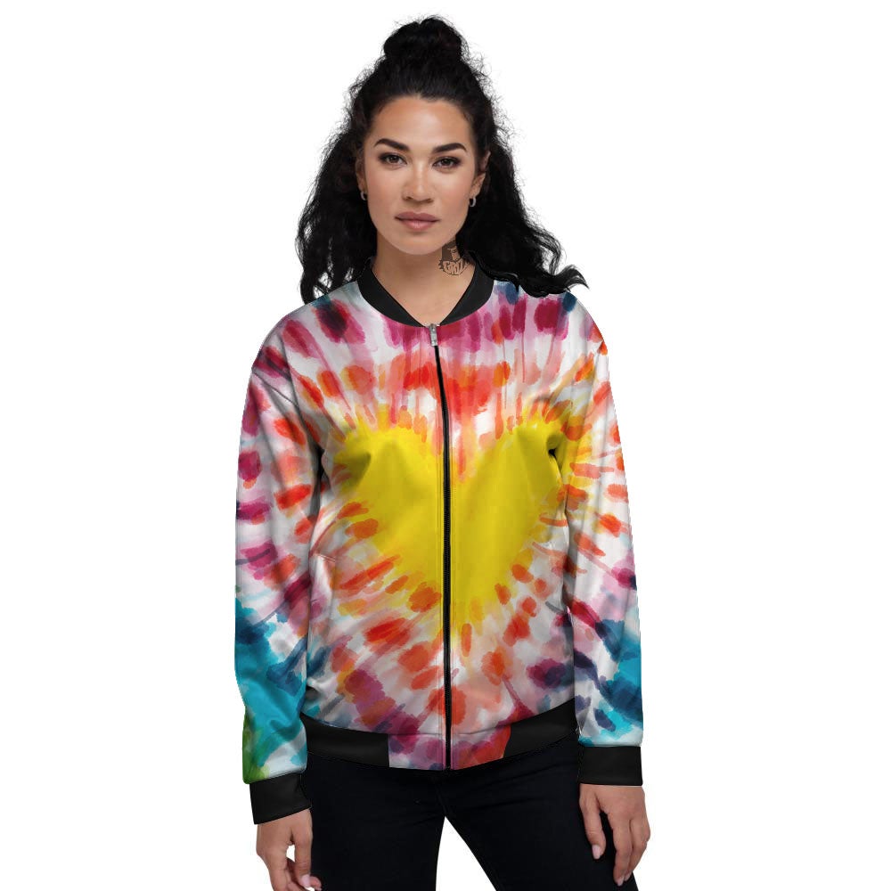 Tie Dye Rainbow Heart Print Women's Bomber Jacket-grizzshop