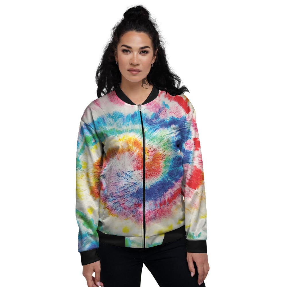 Tie Dye Rainbow Spiral Print Women's Bomber Jacket-grizzshop