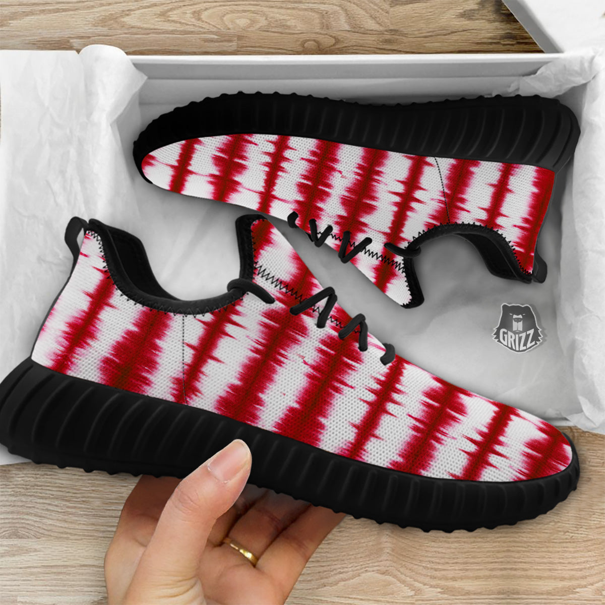 Tie Dye Red Stripe Print Pattern Black Walking Shoes-grizzshop