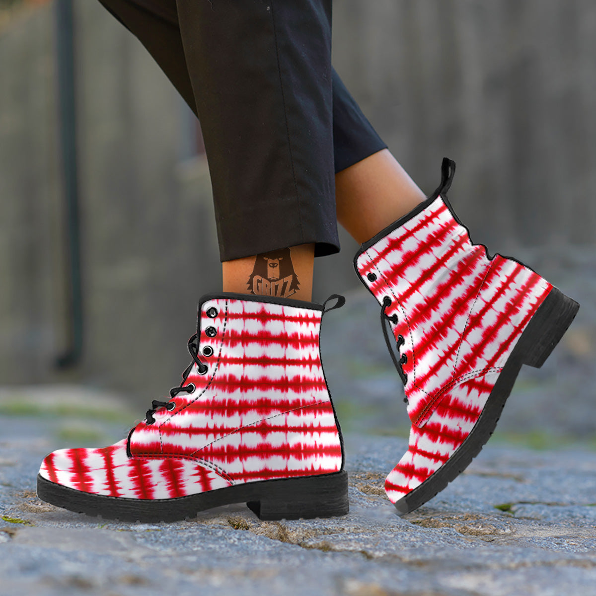 Tie Dye Red Stripe Print Pattern Leather Boots-grizzshop