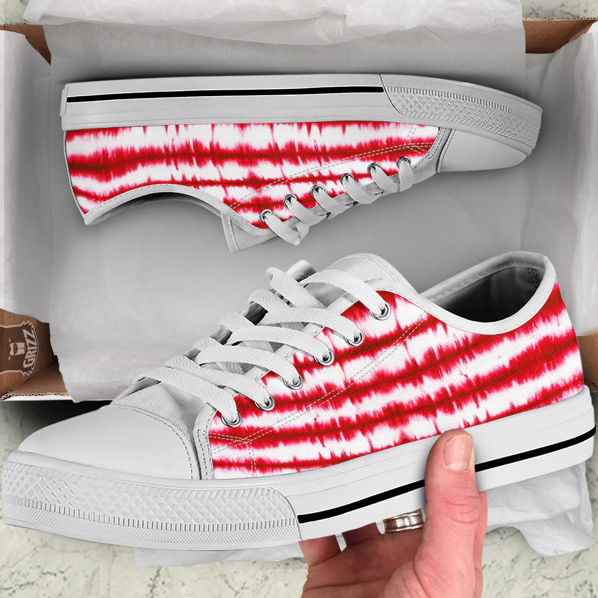 Tie Dye Red Stripe Print Pattern White Low Top Shoes-grizzshop