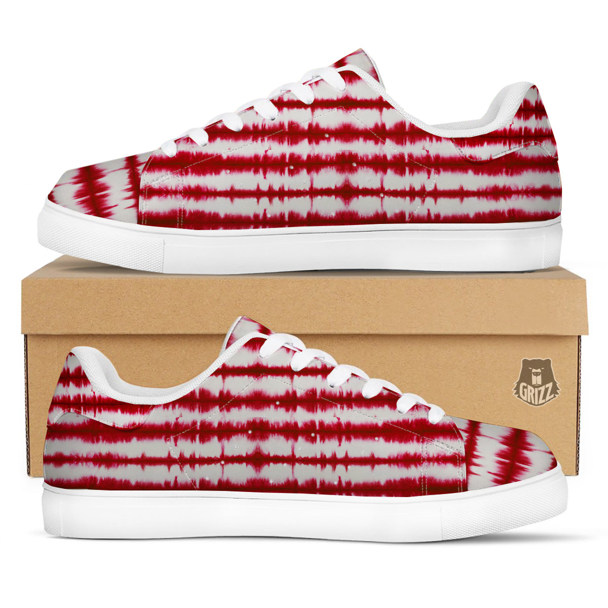 Tie Dye Red Stripe Print Pattern White Low Top Sneakers-grizzshop