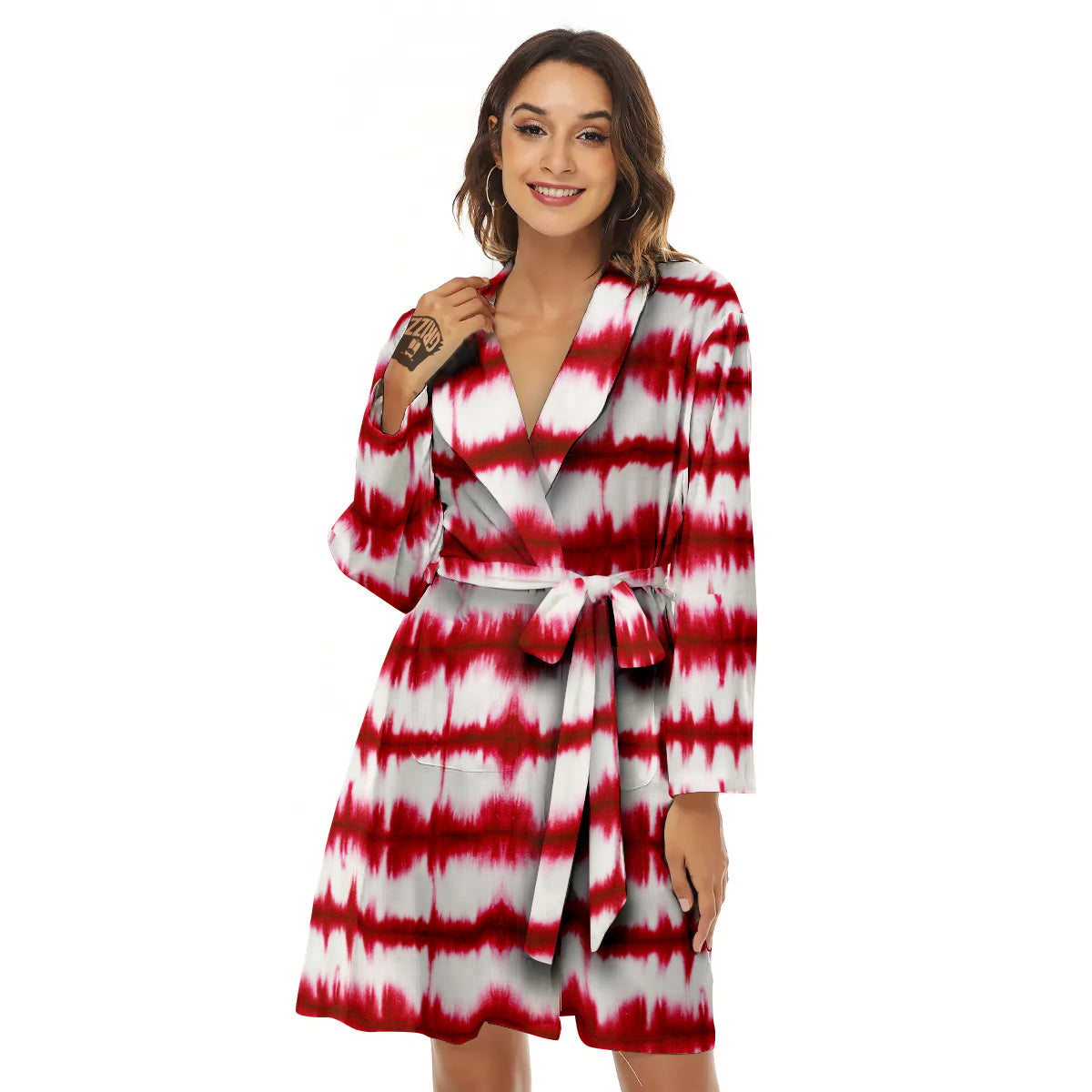 Tie Dye Red Stripe Print Pattern Women's Robe-grizzshop