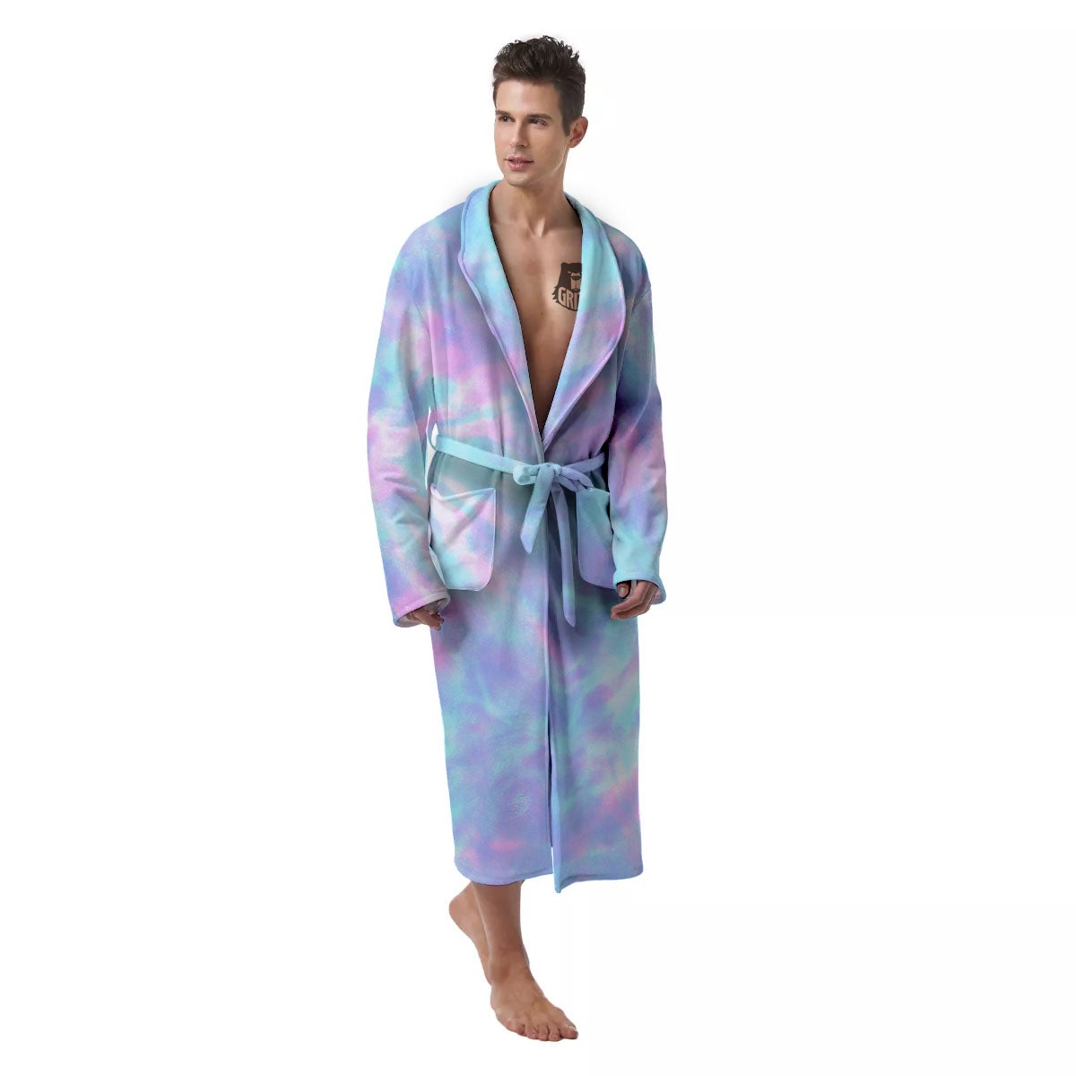 Tie Dye Teal And Pink Print Men's Robe-grizzshop