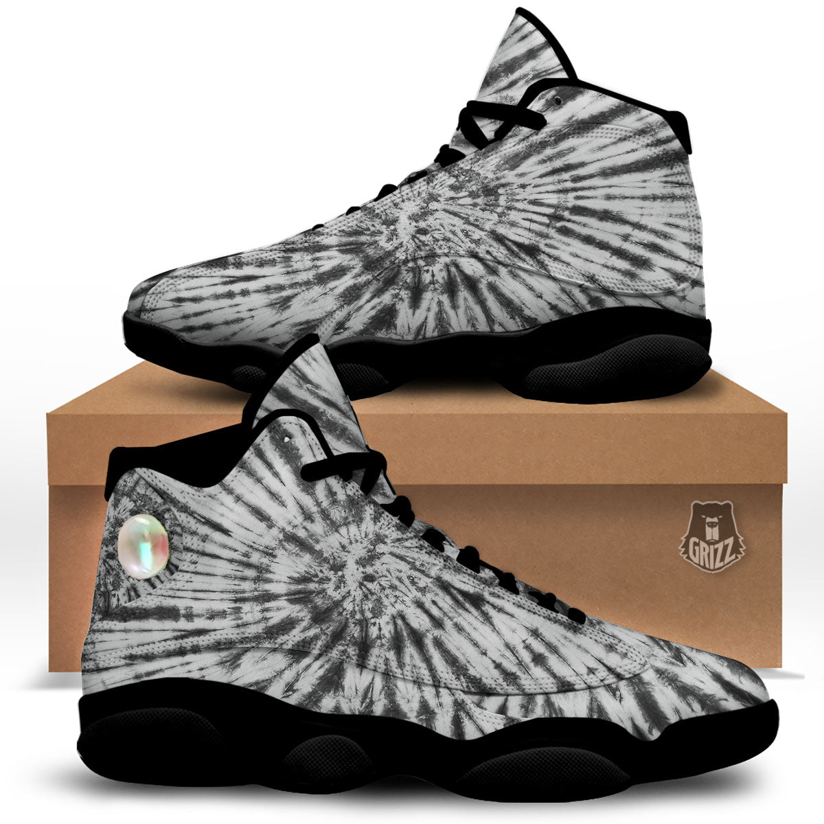 Tie Dye White And Black Print Black Basketball Shoes-grizzshop