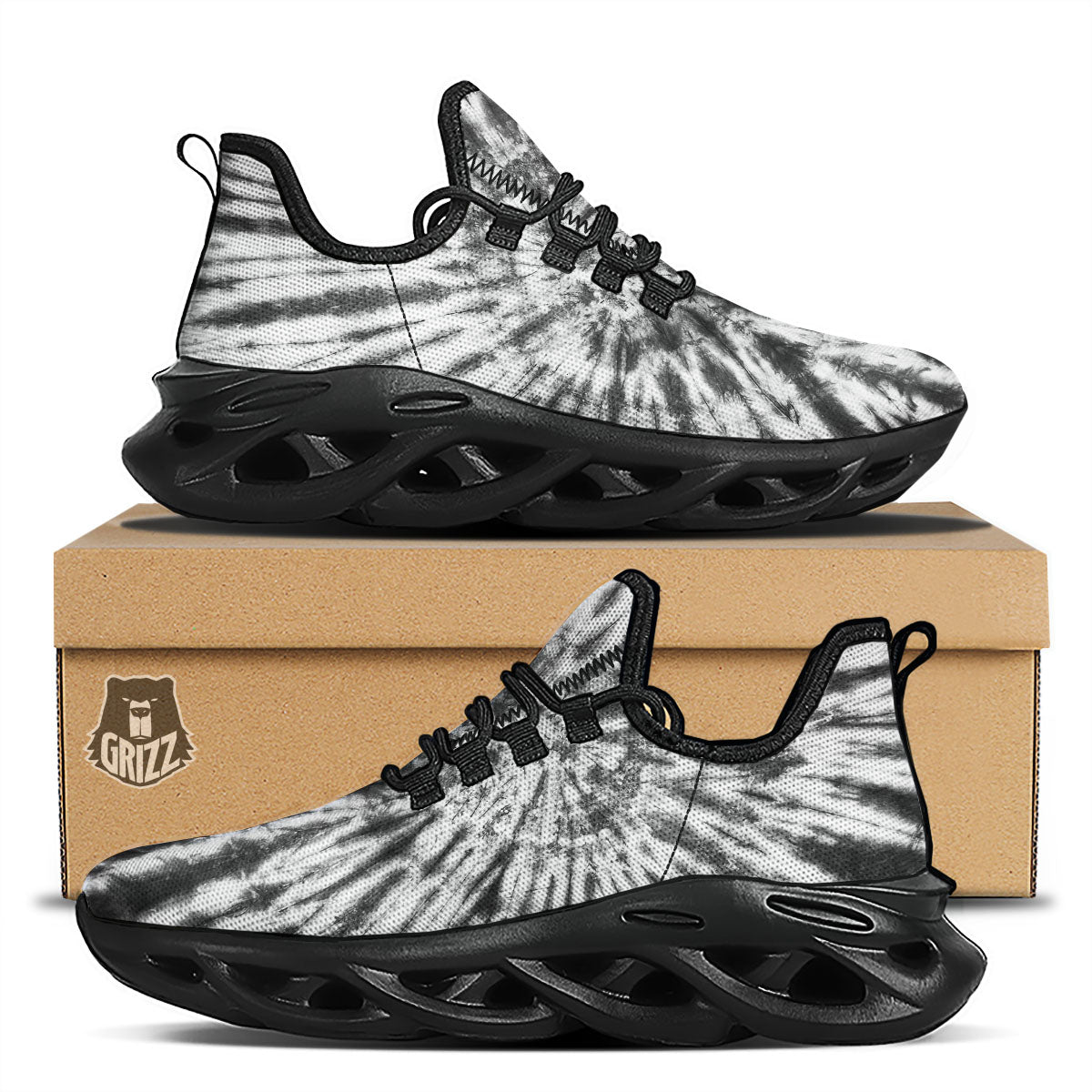 Tie Dye White And Black Print Black Running Shoes-grizzshop