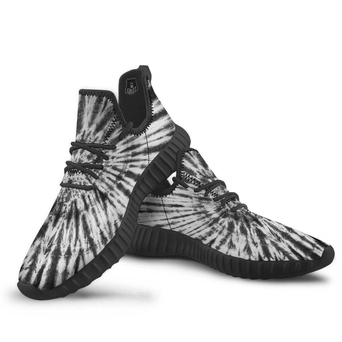 Tie Dye White And Black Print Black Walking Shoes-grizzshop