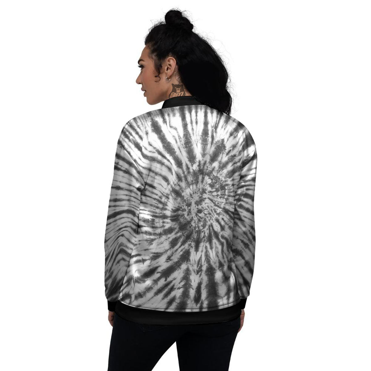 Tie Dye White And Black Print Women's Bomber Jacket-grizzshop