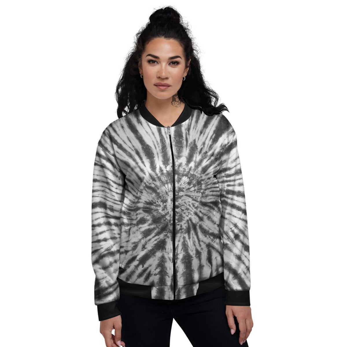 Tie Dye White And Black Print Women's Bomber Jacket-grizzshop