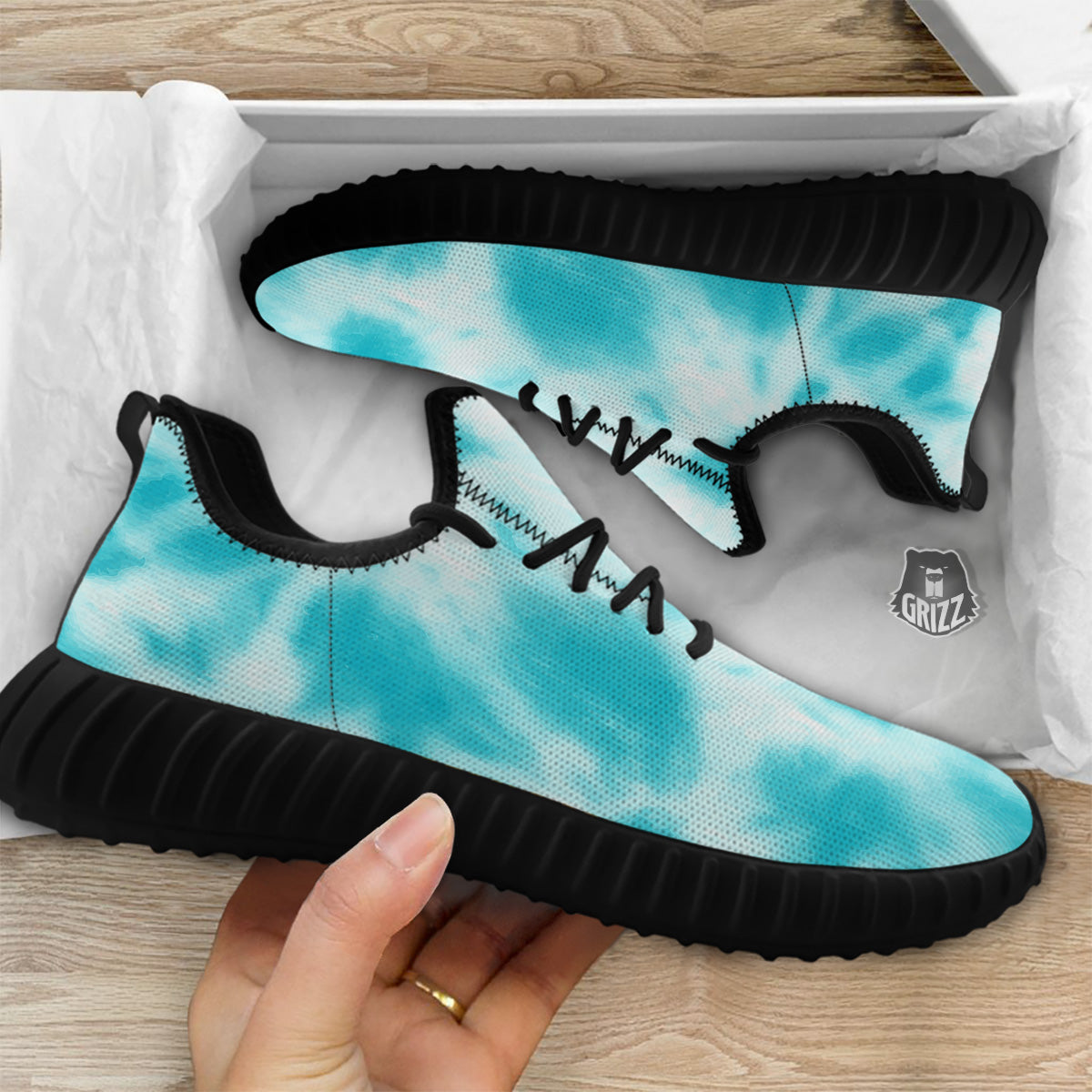 Tie Dye White And Blue Print Black Walking Shoes-grizzshop