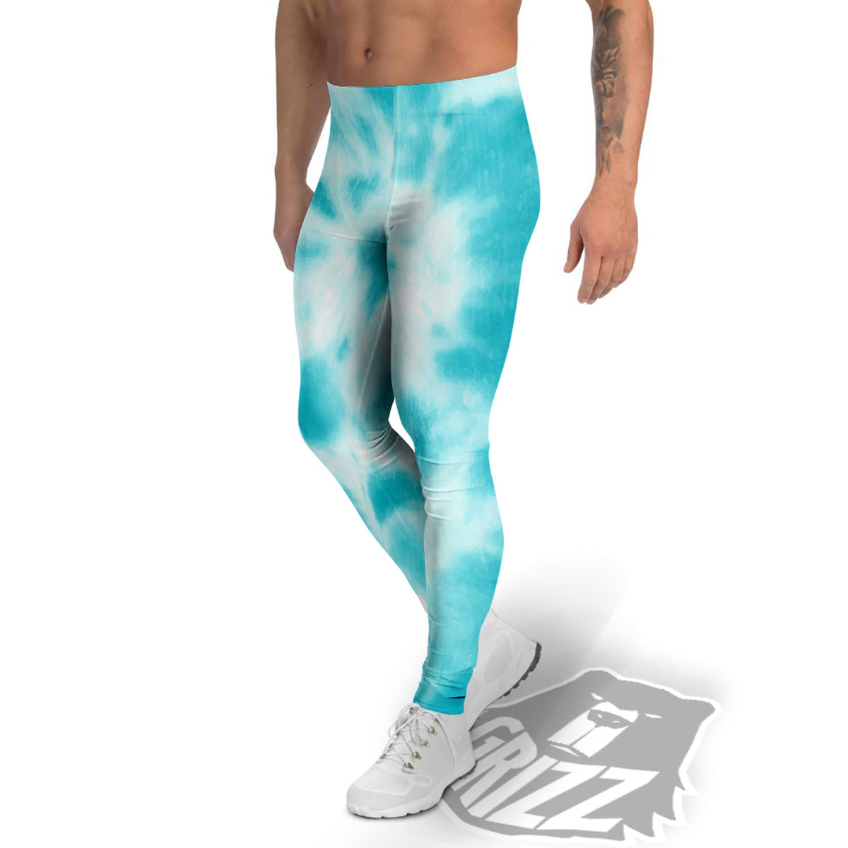 Tie Dye White And Blue Print Men's Leggings-grizzshop