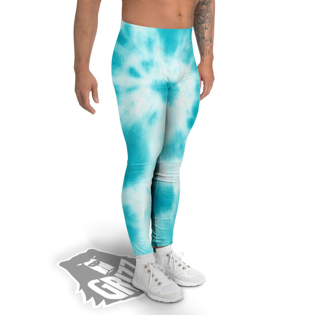 Tie Dye White And Blue Print Men's Leggings-grizzshop