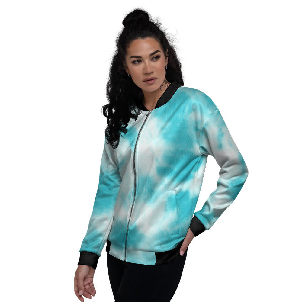 Tie Dye White And Blue Print Women's Bomber Jacket-grizzshop