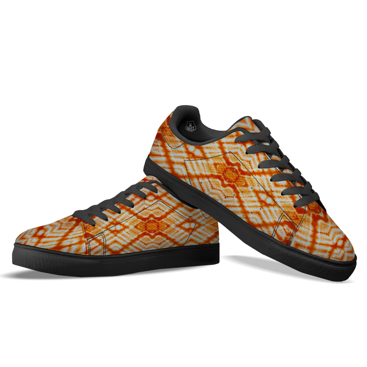 Tie Dye Zigzag Orange Watercolor Print Black Low Top Sneakers-grizzshop