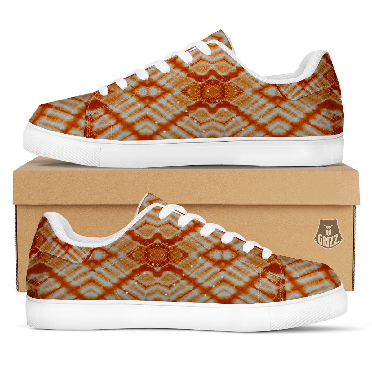 Tie Dye Zigzag Orange Watercolor Print White Low Top Sneakers-grizzshop