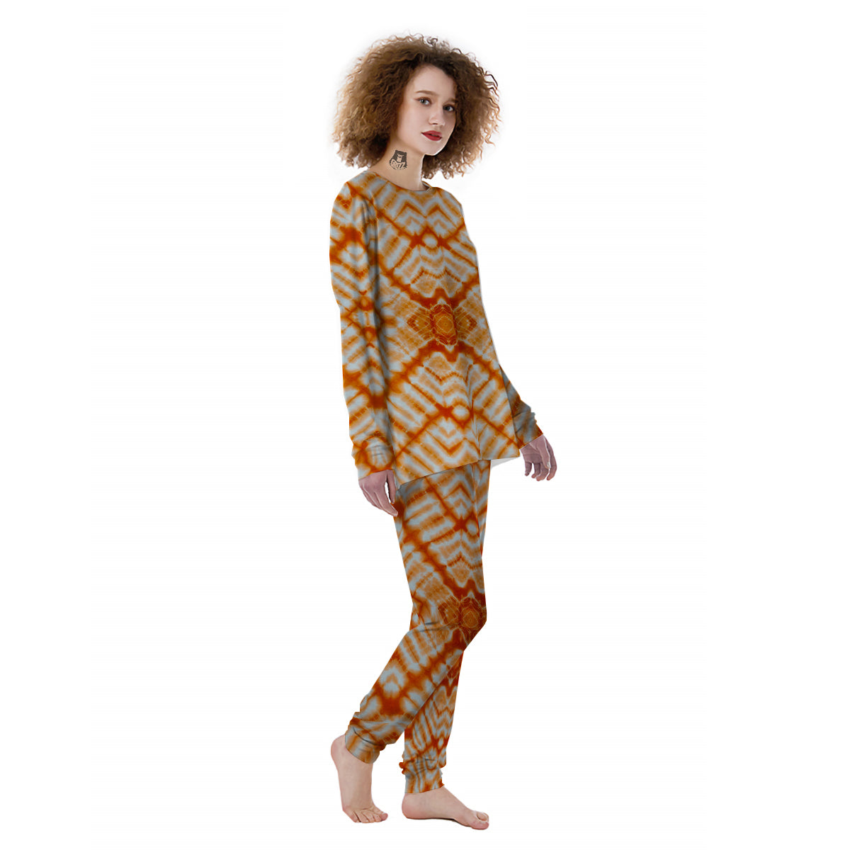 Tie Dye Zigzag Orange Watercolor Print Women's Pajamas-grizzshop