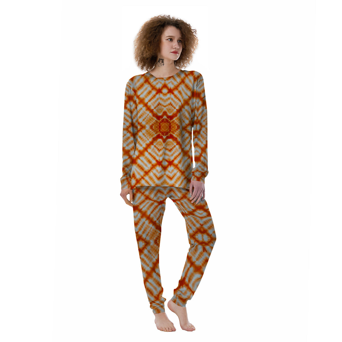 Tie Dye Zigzag Orange Watercolor Print Women's Pajamas-grizzshop