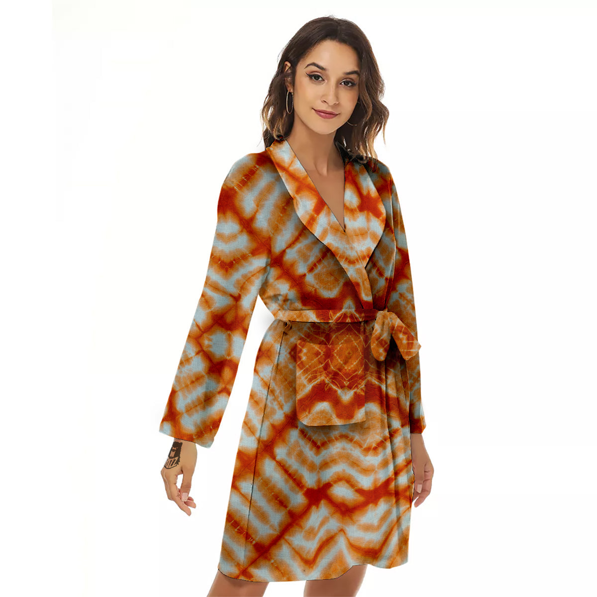 Tie Dye Zigzag Orange Watercolor Print Women's Robe-grizzshop