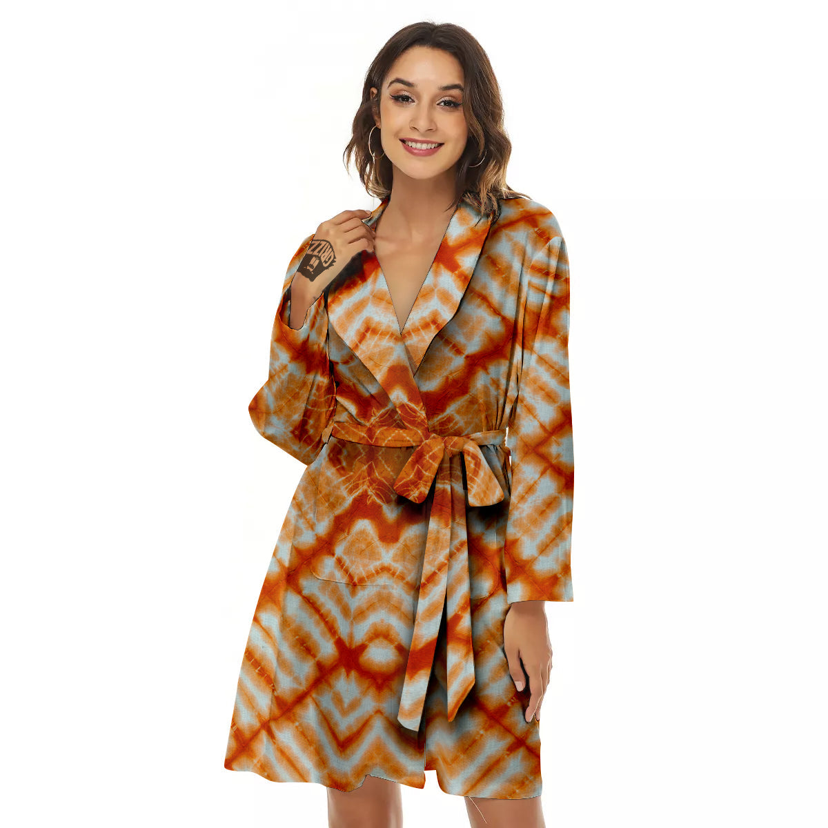 Tie Dye Zigzag Orange Watercolor Print Women's Robe-grizzshop
