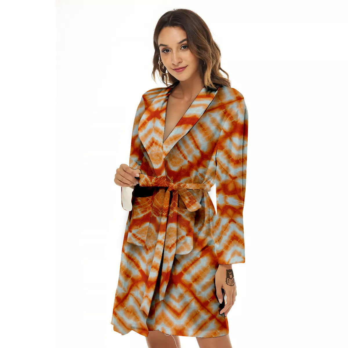 Tie Dye Zigzag Orange Watercolor Print Women's Robe-grizzshop