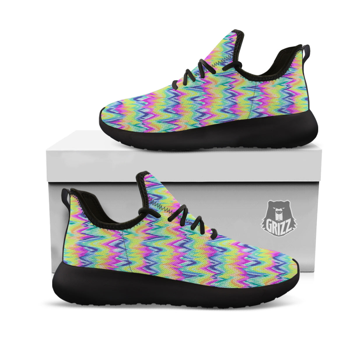 Tie Dye Zigzag Rainbow Print Pattern Black Athletic Shoes-grizzshop