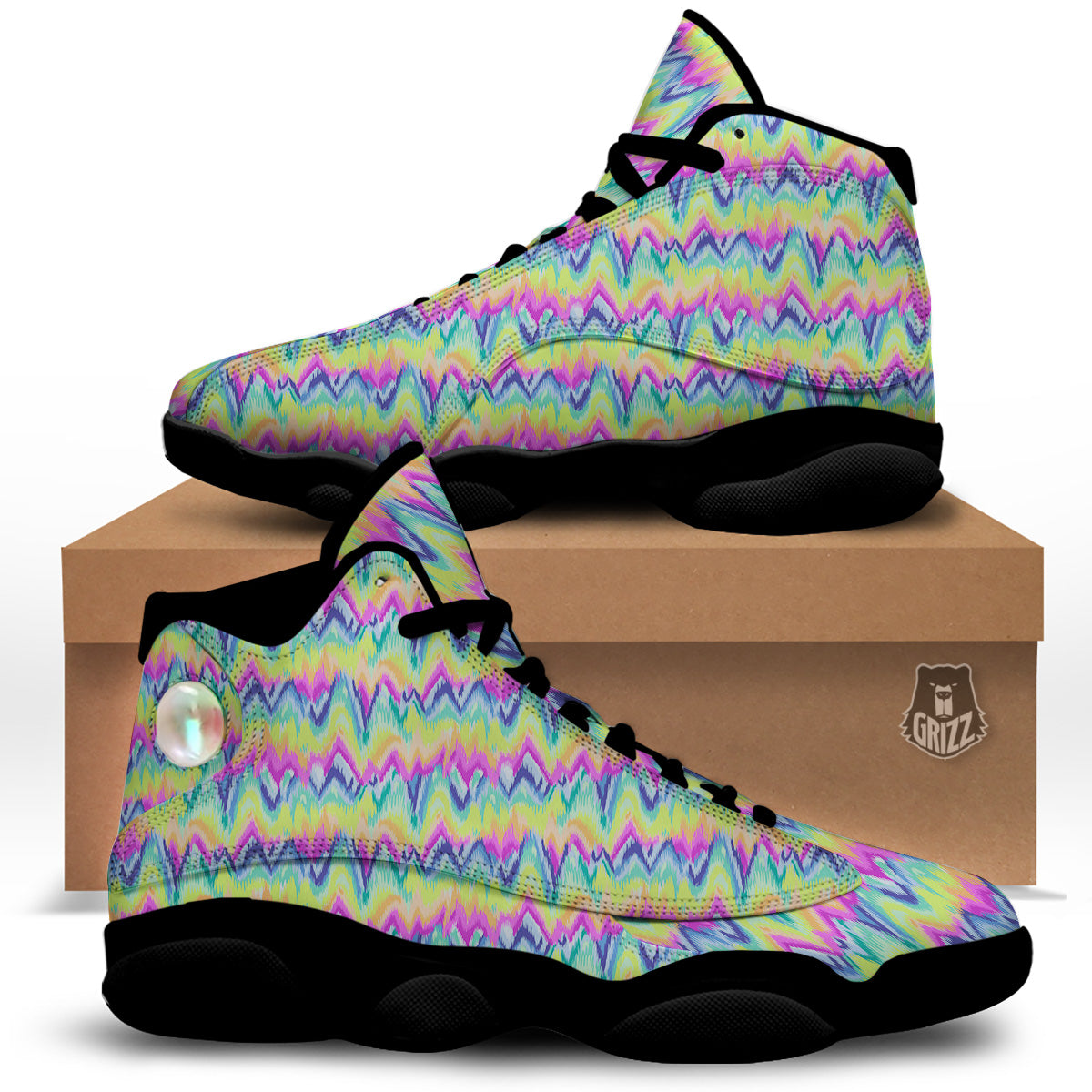Tie Dye Zigzag Rainbow Print Pattern Black Basketball Shoes-grizzshop