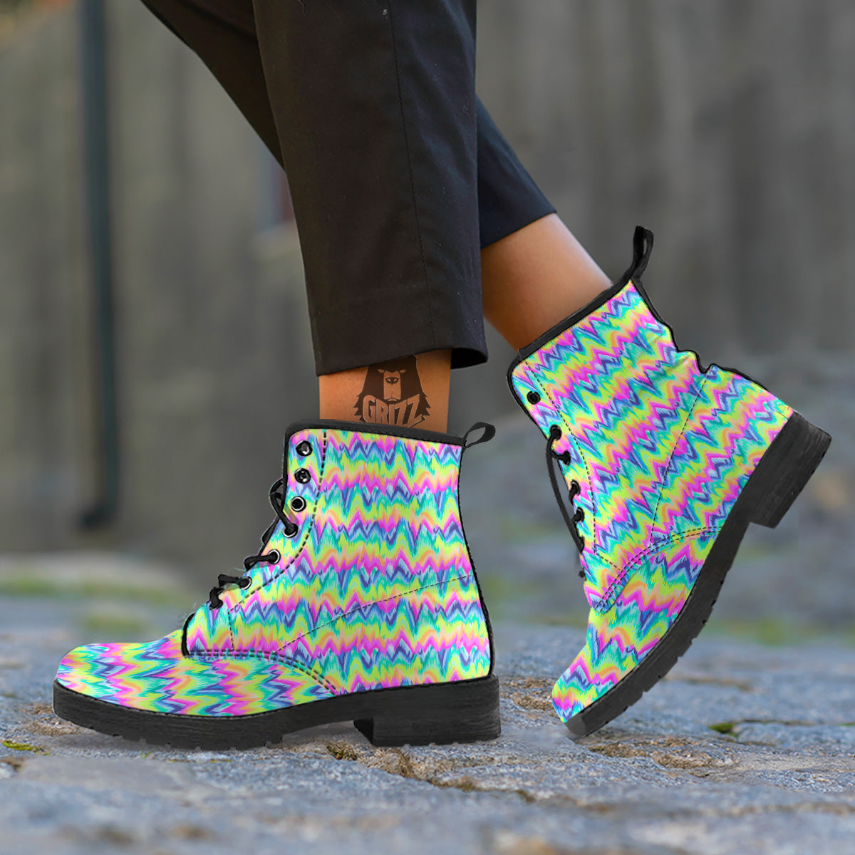 Tie Dye Zigzag Rainbow Print Pattern Leather Boots-grizzshop
