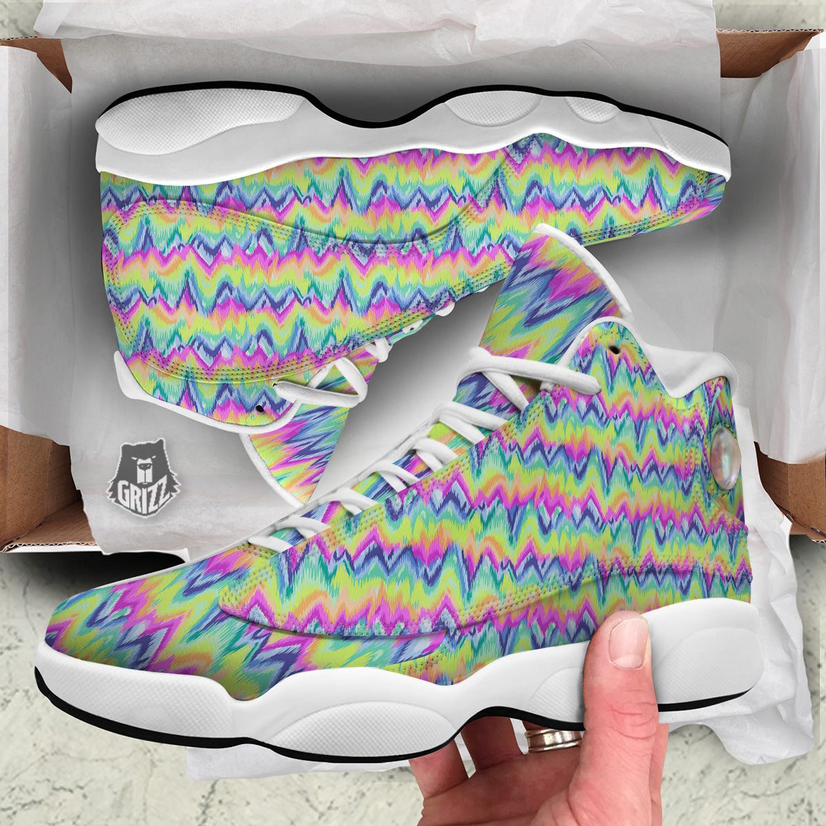 Tie Dye Zigzag Rainbow Print Pattern White Basketball Shoes-grizzshop