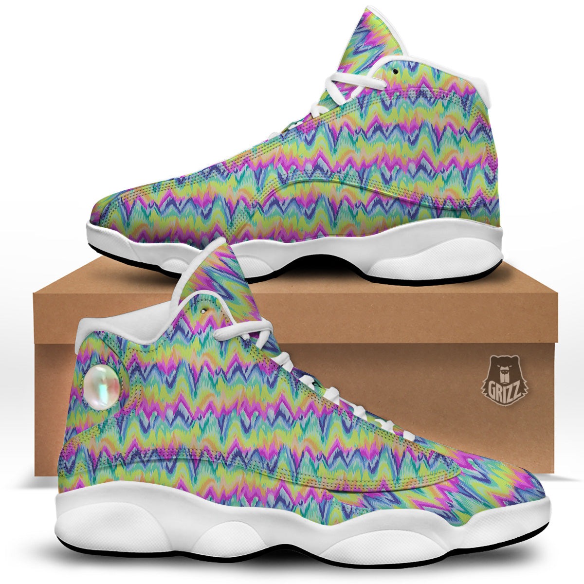 Tie Dye Zigzag Rainbow Print Pattern White Basketball Shoes-grizzshop