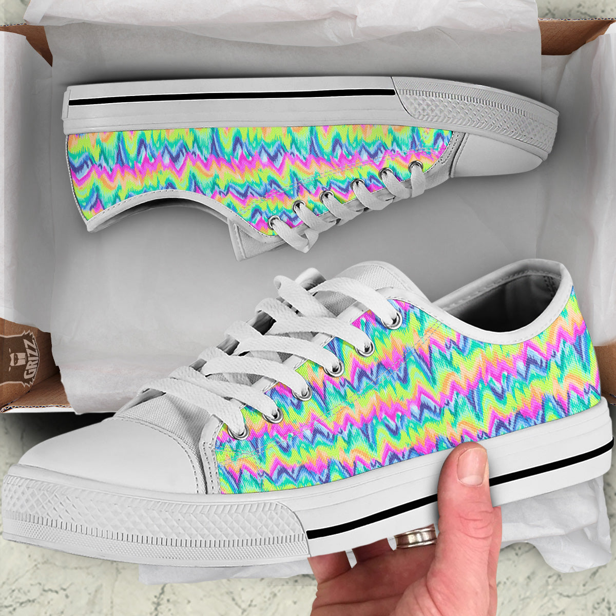 Tie Dye Zigzag Rainbow Print Pattern White Low Top Shoes-grizzshop