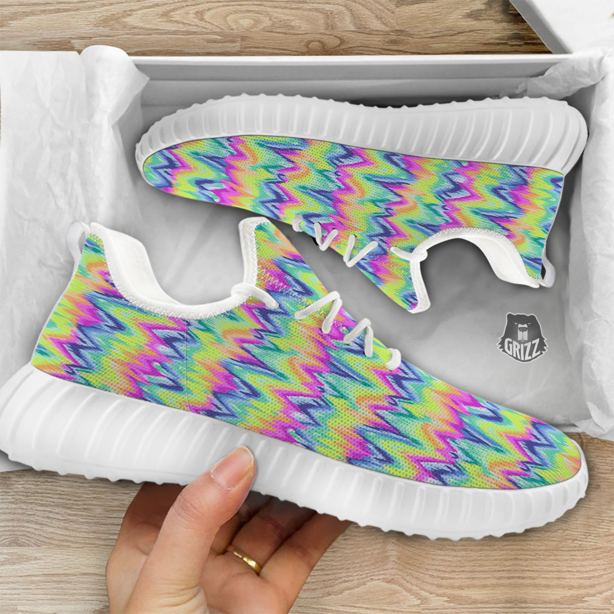 Tie Dye Zigzag Rainbow Print Pattern White Walking Shoes-grizzshop